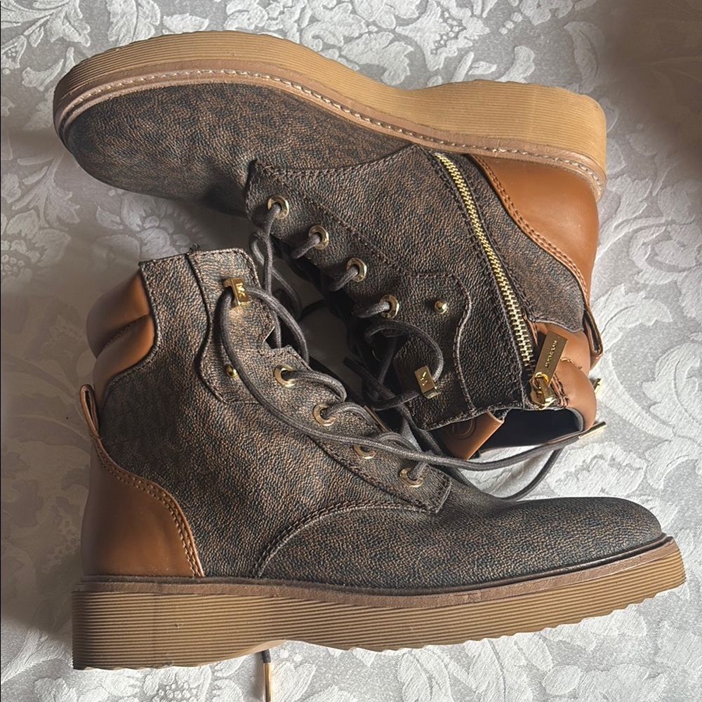 Micheal Kors Brown and Tan Lace-Up Boots with Gold Zipper